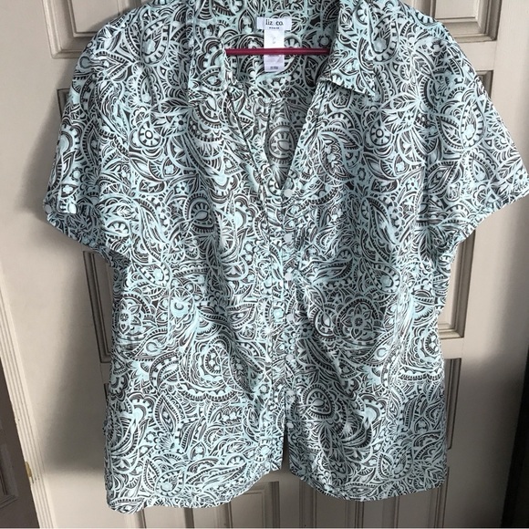 Liz Co. SzW3X Short Sleeves Cotton Aqua/Blk Graphic Print  Button Front Collar - Picture 1 of 6